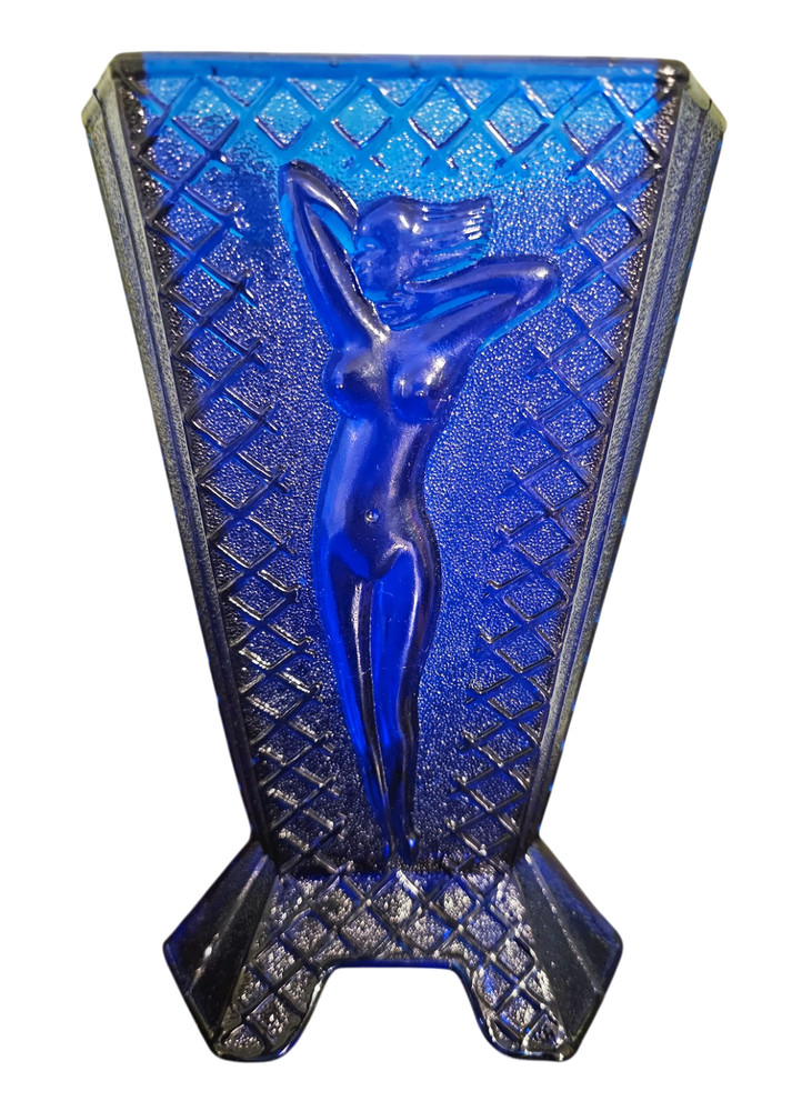 Cobalt Blue Nude Lady Vase Art Deco McKee Style Pressed Glass 8”