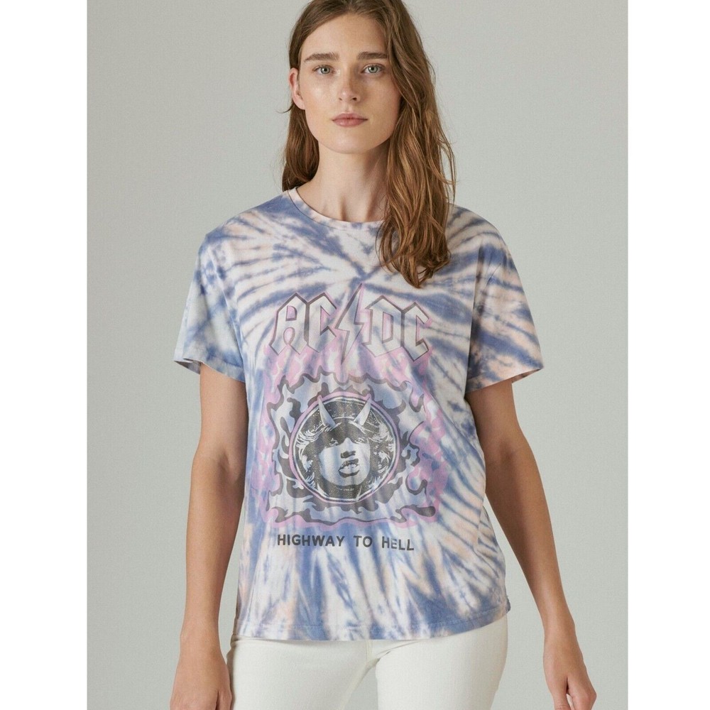 Lucky Brand Women Blue Cotton Graphic Tie-Dyed AC/DC Casual T-Shirt Size L