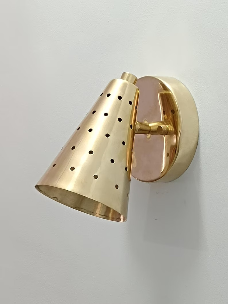 Mid Century Modern Brass Cone Wall Sconce, Adjustable Perforated Light