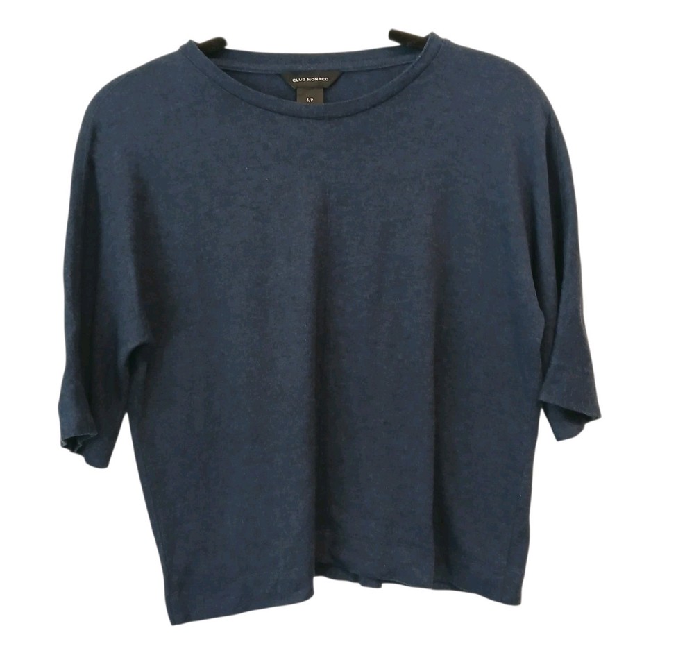Club Monaco Navy Blue Elbow Sleeve Tshirt Sz Small Stretch Crew Neck Minimalist