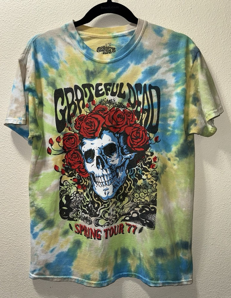 Grateful Dead Spring Tour '77 Tie-Dye T-Shirt Skull Roses Blue Green Sz Medium