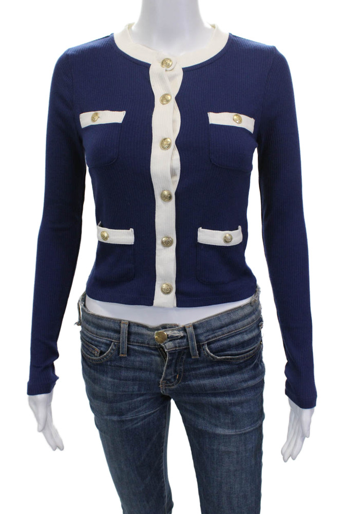 J Crew Women Blue Cotton Crew Neck Solid Long Sleeve Cardigan Size XSFree Shipping in US $100+ Orders | $6.95 Orders Below