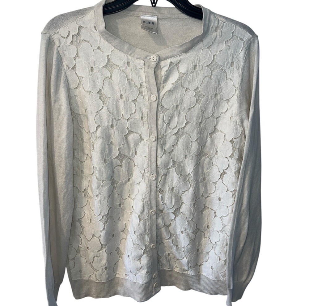 Blair Cream Cardigan Sweater Small Floral Lace Button Front