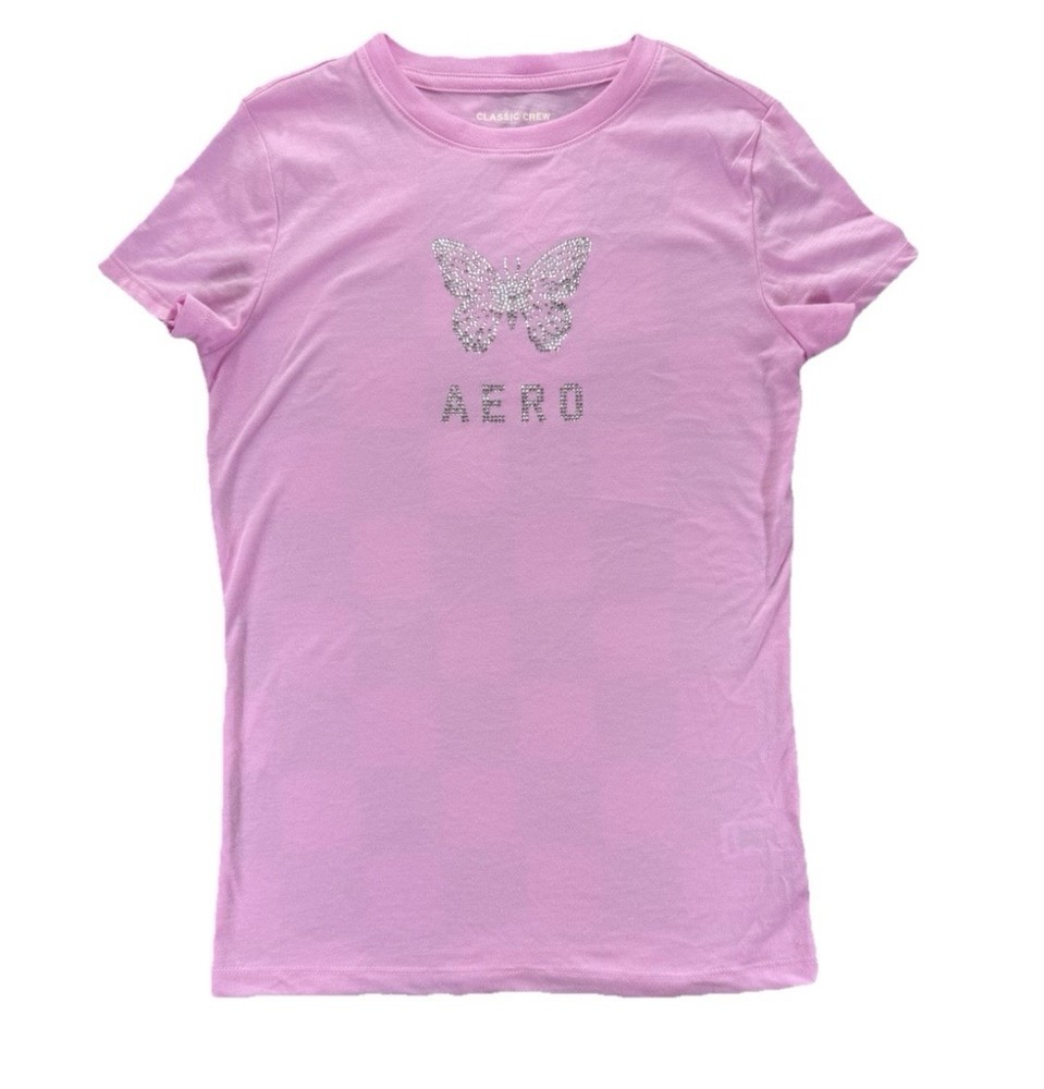 Aeropostale Butterfly Rhinestone Logo T Shirt NWOT Women's Small Pink Y2K