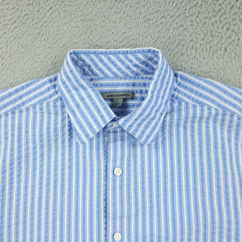 Johnston & Murphy Shirt Mens Large Blue Stripe Short Sleeve Searsucker