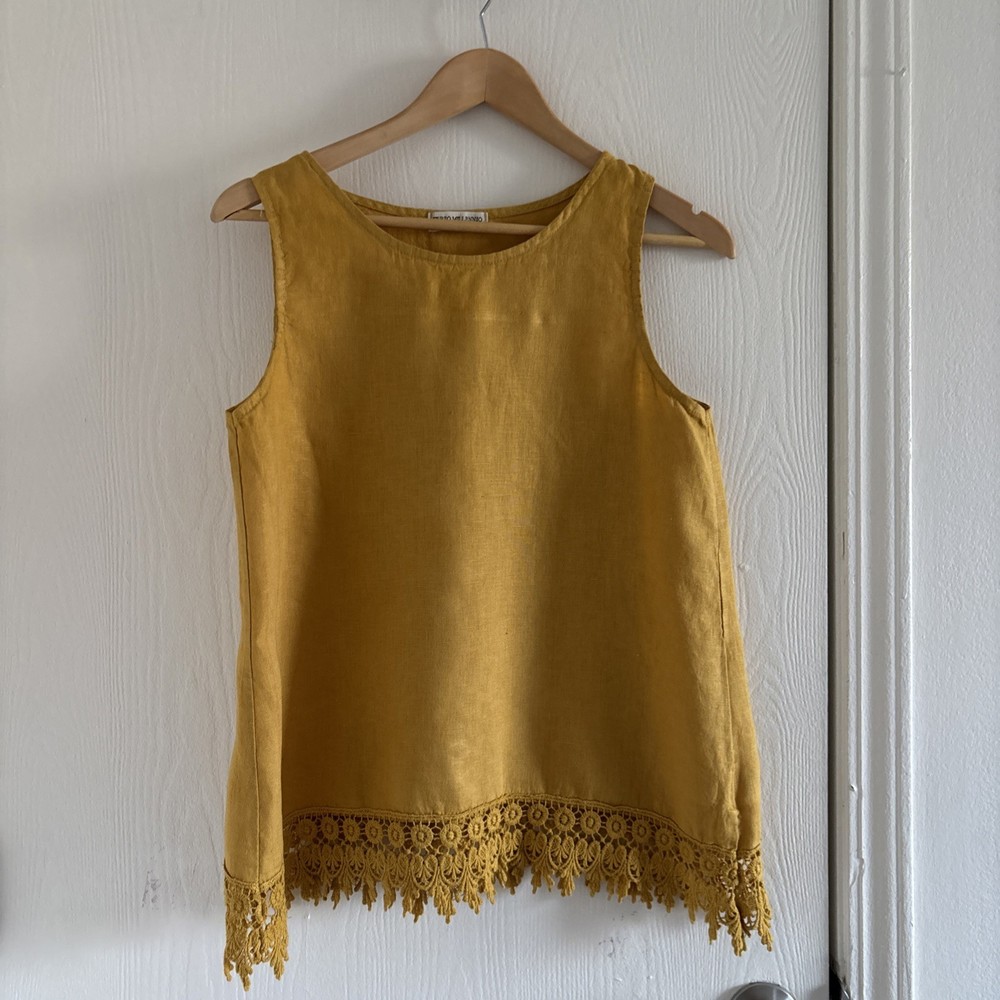 Terzo Millenio Women’s Sz Small Mustard Yellow 100% Linen Sleeveless LaceHem Top