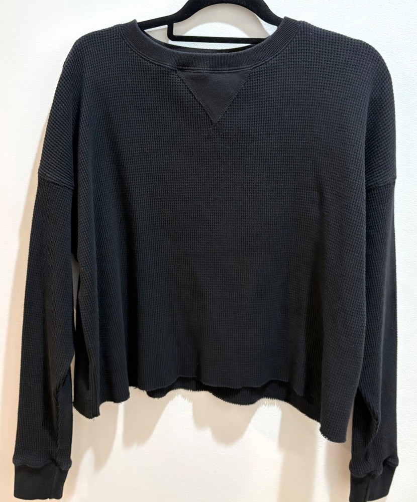 Abercrombie & Fitch Black Waffle Knit Oversized Semi-Cropped Top Size M Boxy Fit