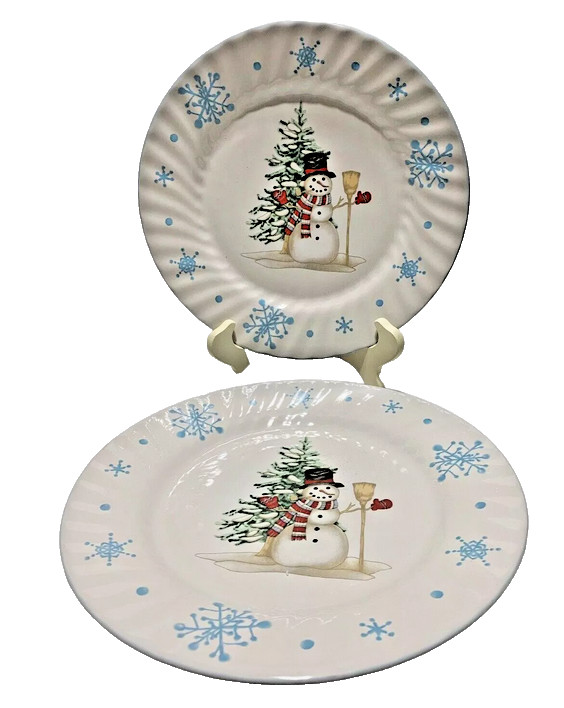 2 - 10 1/2” Snowman & Snowflakes Dinner Plates Christmas Village White w/ Blue