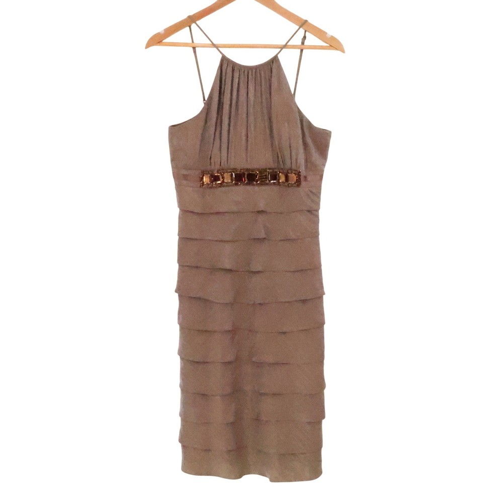 Adrianna Papell Tiered Beaded Cocktail Dress Womens Size 10 Bronze Shimmer