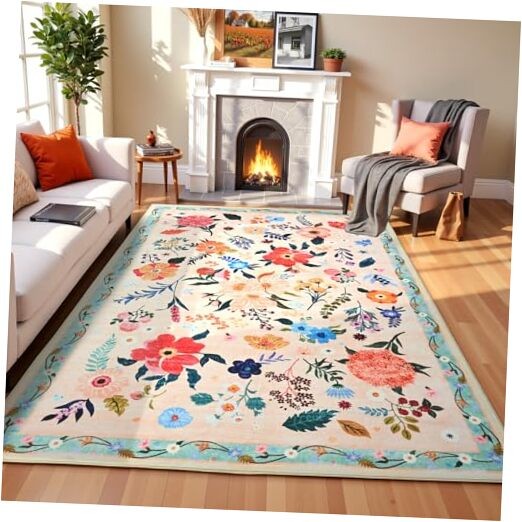 Floral Large Area Rug, 5x7 Multicolor, Rustic, Tufted, Faux Cashmere, Low