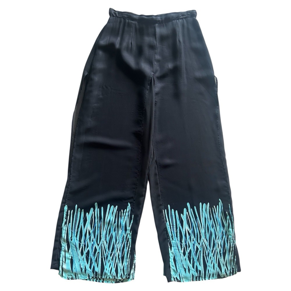 Vintage CACHE Black Aqua Chiffon Palazzo Pants Size 6 Cruise Wear