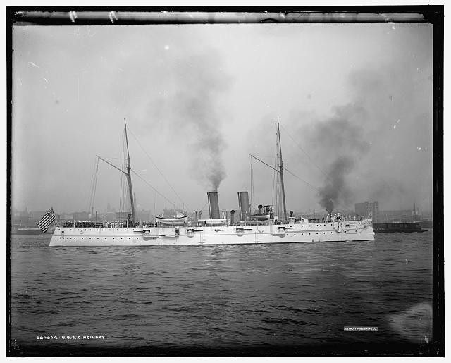 USS Cincinnati Cruiser Warship 1894 American Naval Vessel Smoke at Harbor