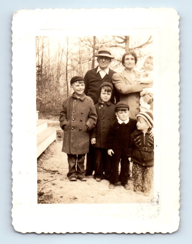 Old Vintage Photo MAN WOMAN BOYS CHILDREN STANDING OUTSIDE FOUND PHOTOGRAPH