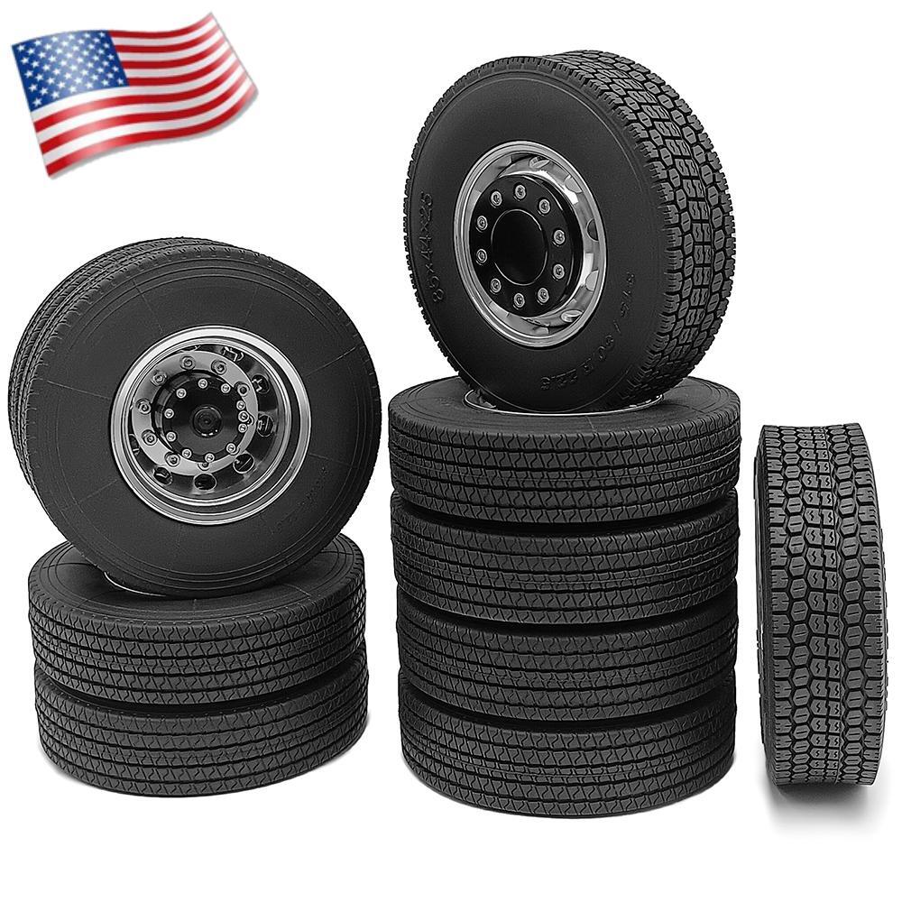 6x CNC Alloy Wheel Hubs & Tires for 1/14 Tamiya 6x6 RC Truck