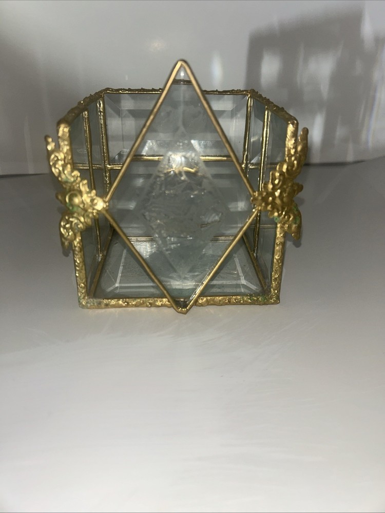 Vintage Etched Glass & Brass Trinket Box