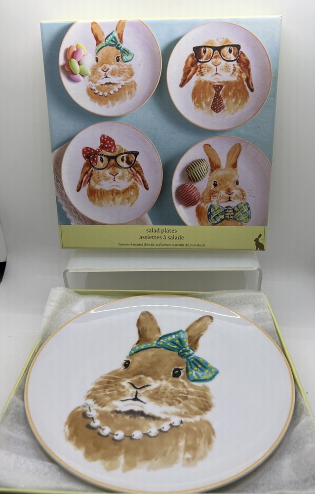 Pier 1 One Easter Rabbits Bunnies Porcelain Salad Dessert Plates Set Of 4 In Box