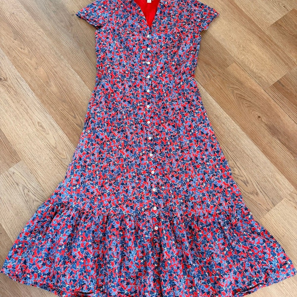 J.Crew Factory Floral Midi Shirt Dress Red Blue Button Front Ruffle Hem Size 10