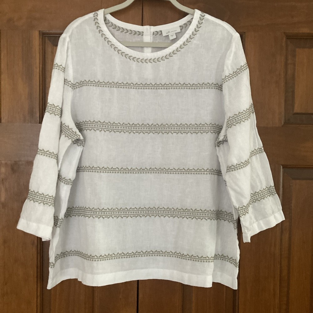 JJill Women’s Large 100% Linen Embroidered 3/4 Sleeves Tunic Top White Gray
