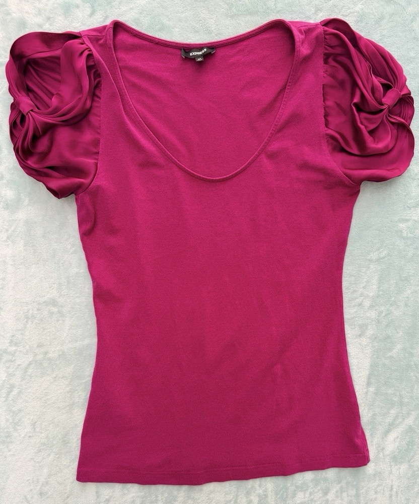 Express Women's Pink Solid Knit Scoop Neck Puff Sleeve Top Size M