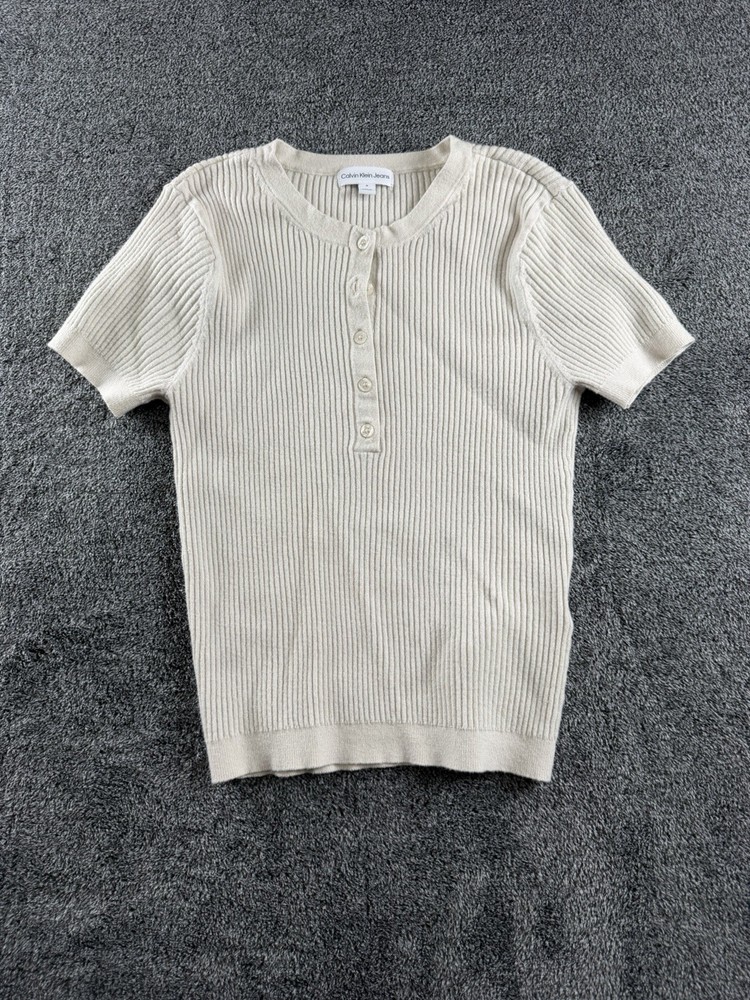 Calvin Klein Jeans Ribbed Knit Henley Top Beige Short Sleeve Women’s M