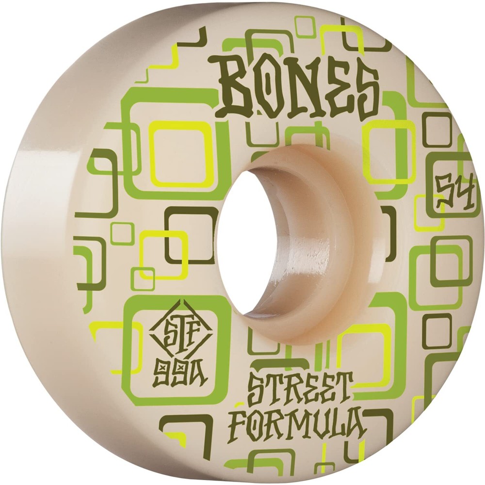 Bones Wheels Street Tech Formula V3 Retros 54mm 99a White/Green Skate (Set of 4)