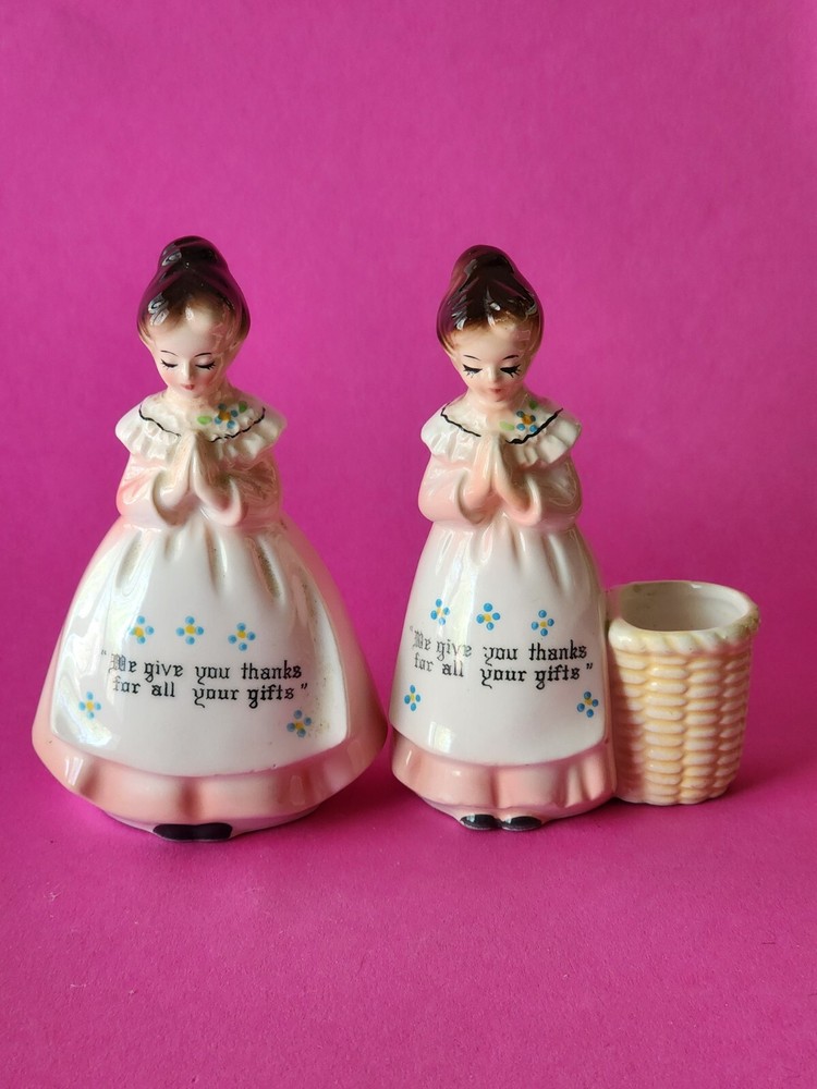 Vintage Enesco Ceramic Praying Girl Toothpick Holder Japan Pink Original Label