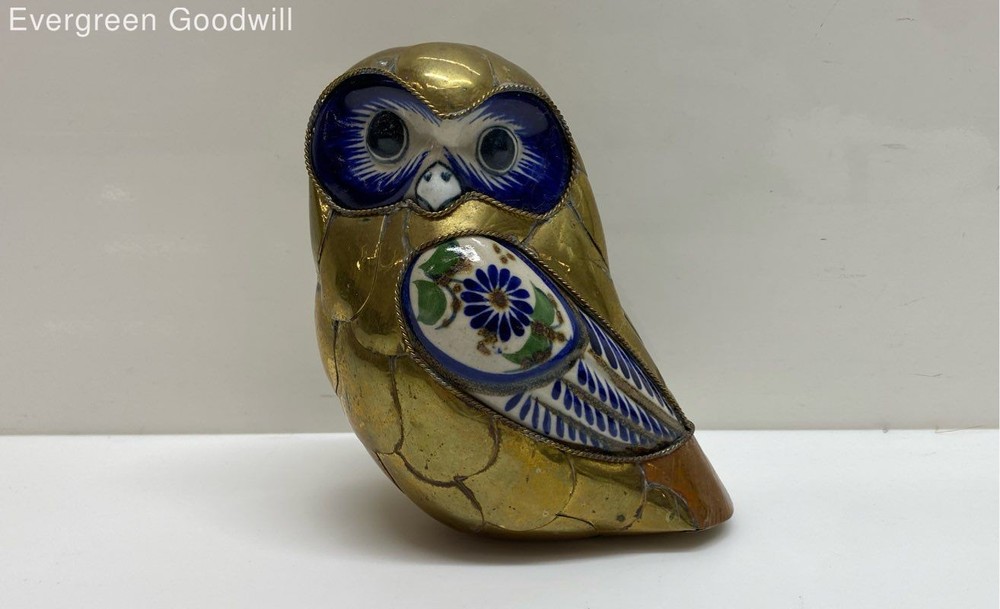 Vintage Tonala Brass & Porcelain Owl Figurine Blue and White