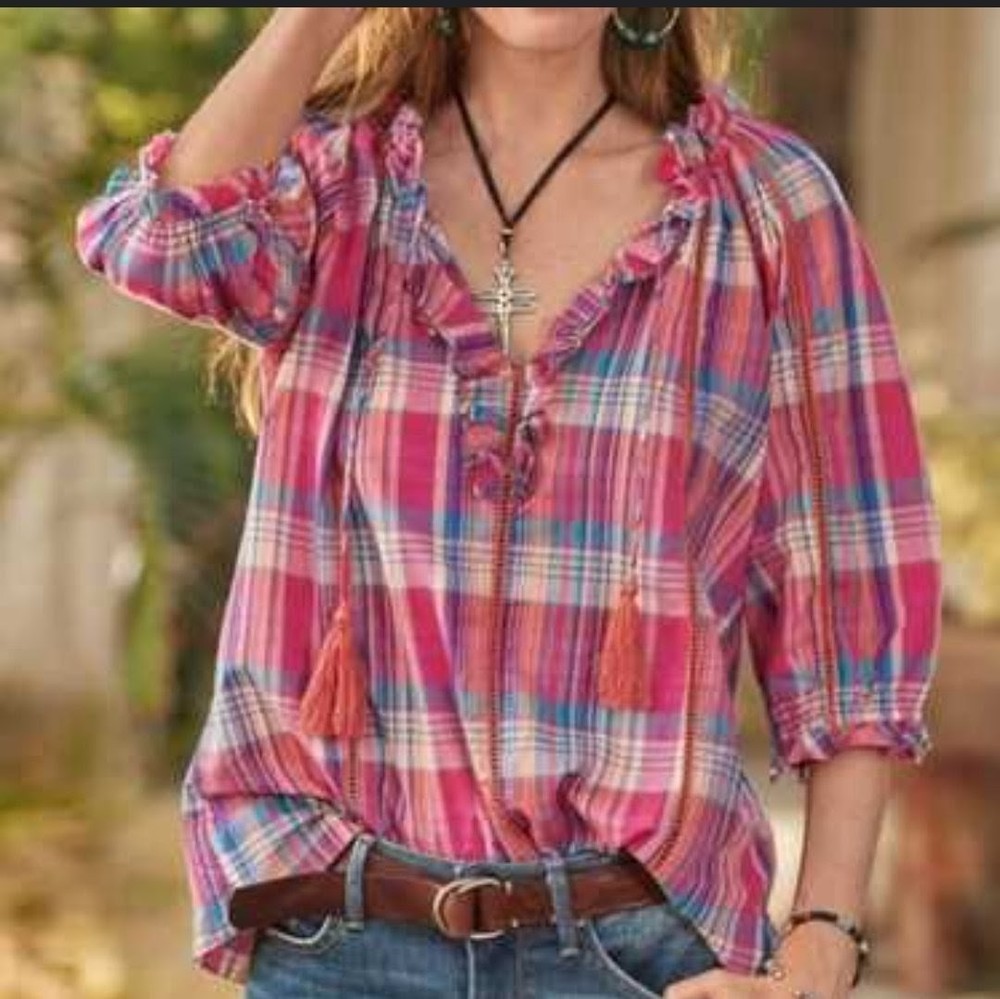 Sundance XS Peasant Top Pink Plaid Boho Cottagecore Blouse Tassel Tie Cotton
