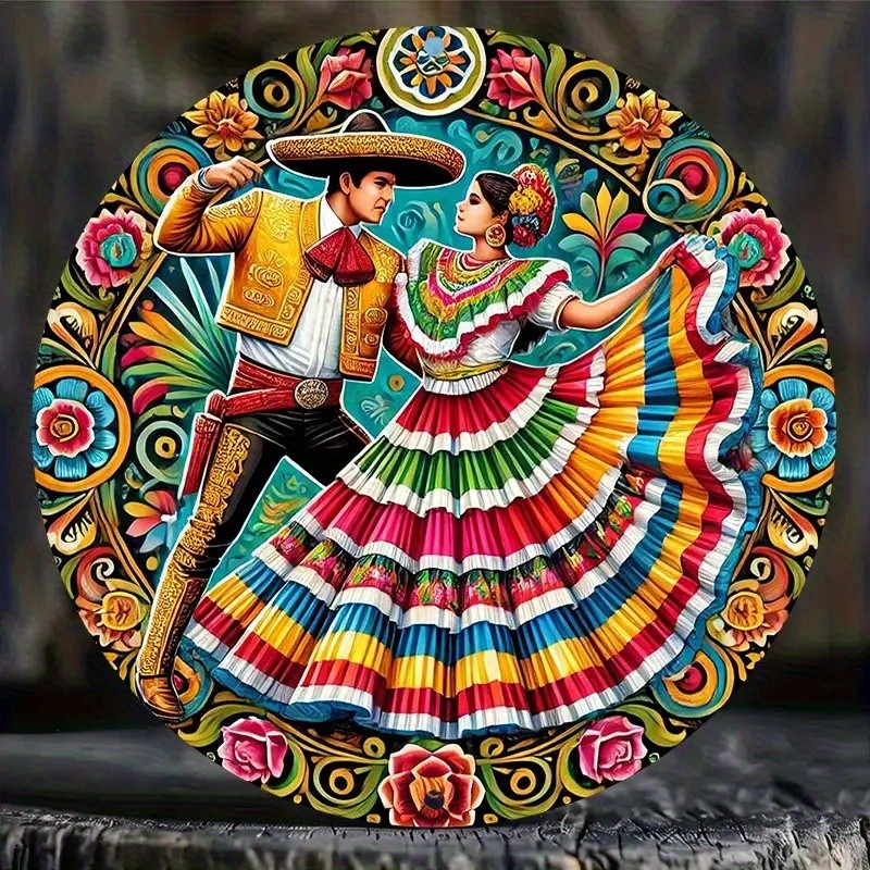 Mexican Folk Art Metal Wall Decor 8x8 Inch Vibrant Dancers Floral