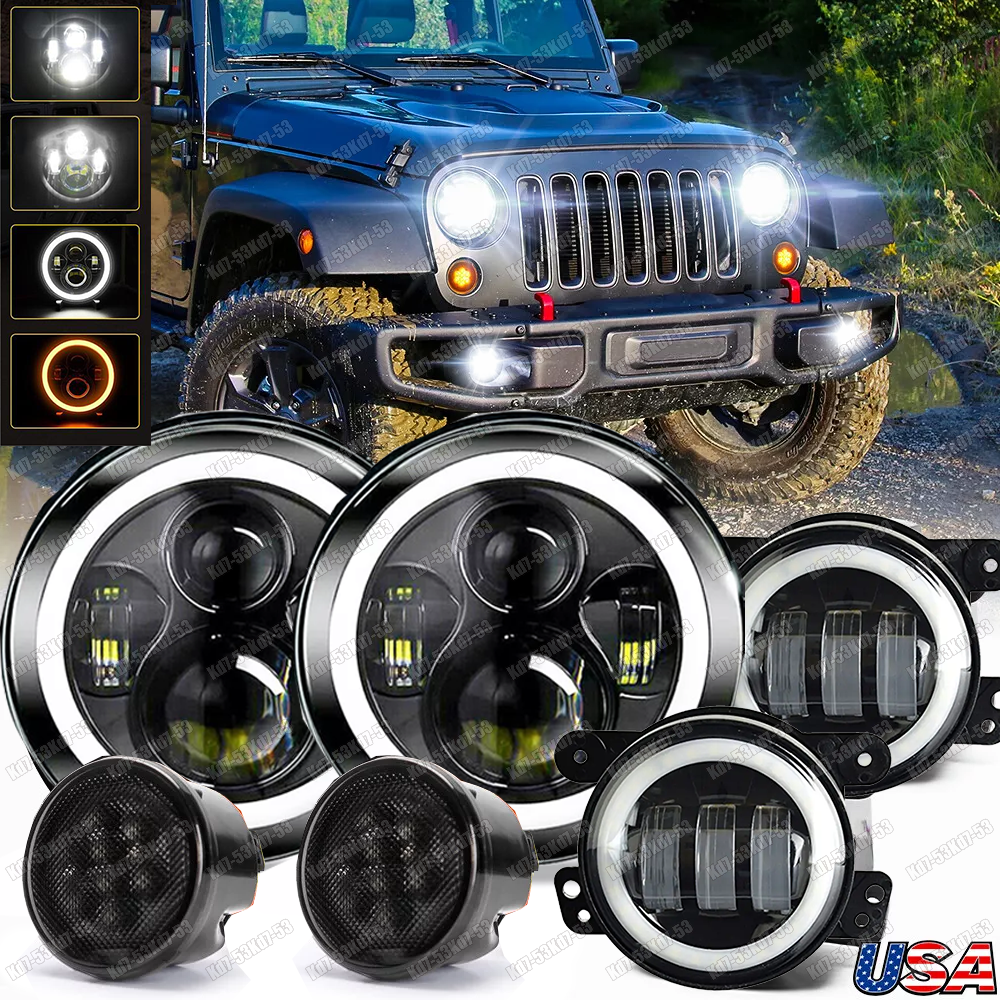 Jeep Wrangler JK 07-18 7-Inch LED Headlights with Turn Signal and Fog Lights Combo