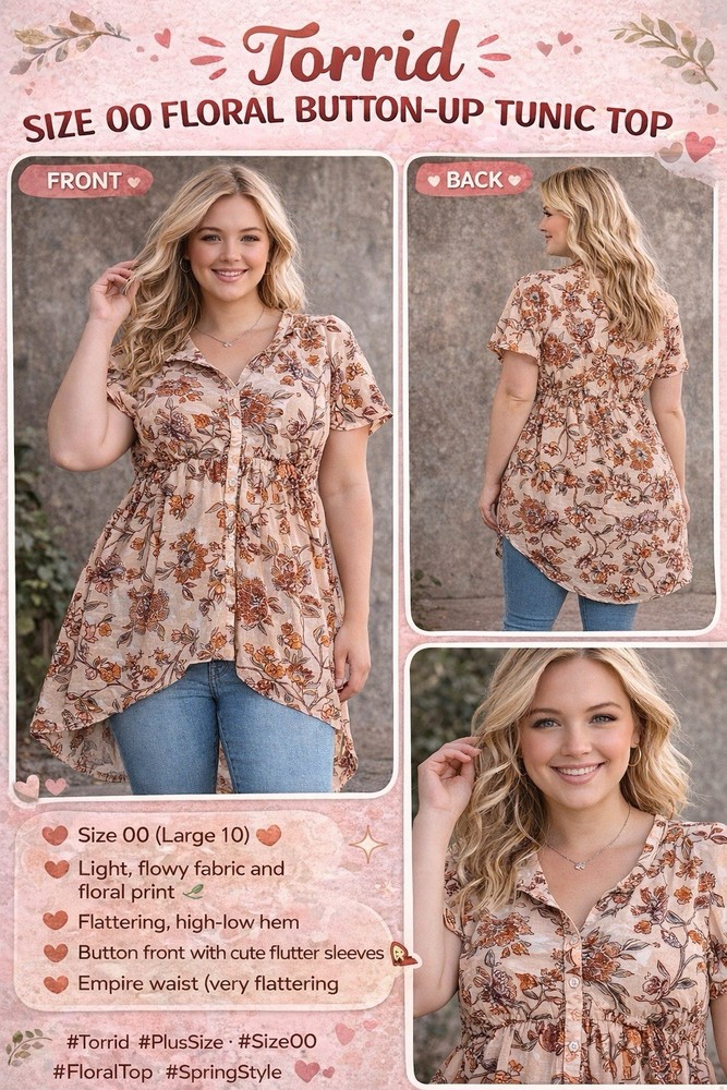 Torrid Floral Button-Up Tunic Empire Waist Flutter Sleeve V-Neck Size 00