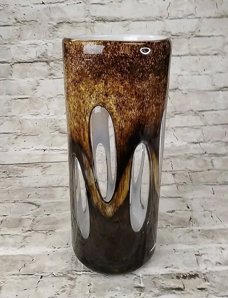 Vintage Murano Art Glass Vase Amber Brown Tortoiseshell Cut Oval Sommerso Style
