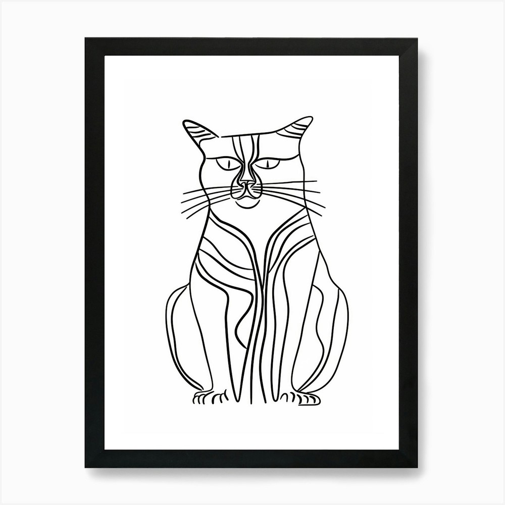 Cat Line Art Framed Wall Poster Canvas Print Animal Drawing  