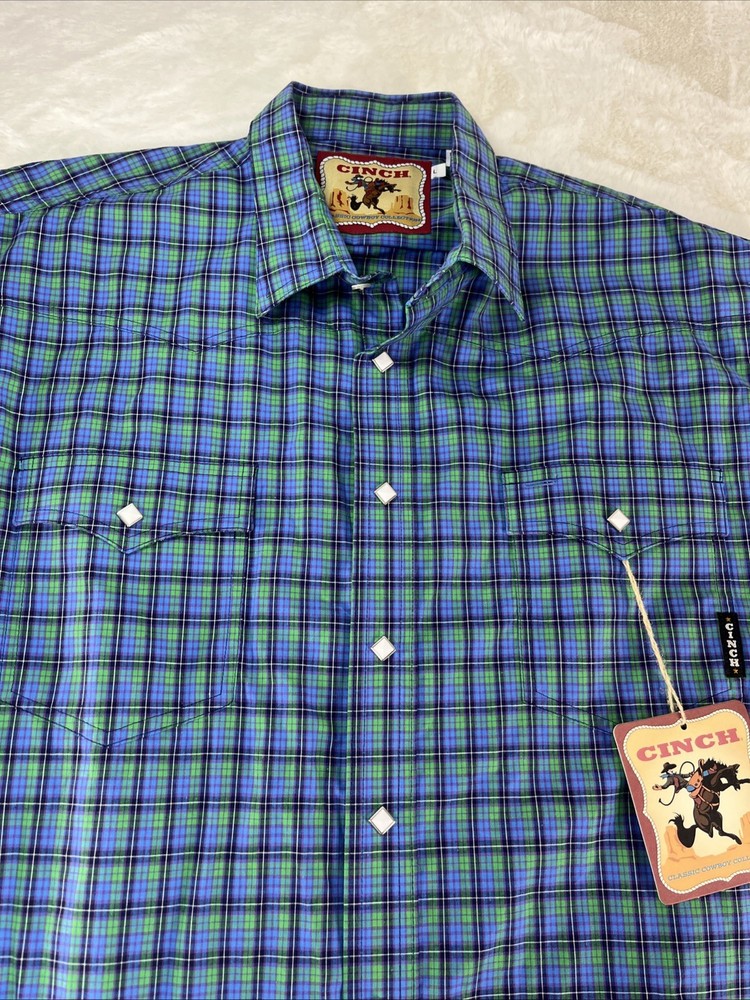 Cinch Men’s Plaid Blue Green Diamond Snap Long Sleeve Collard Western Shirt Sz L