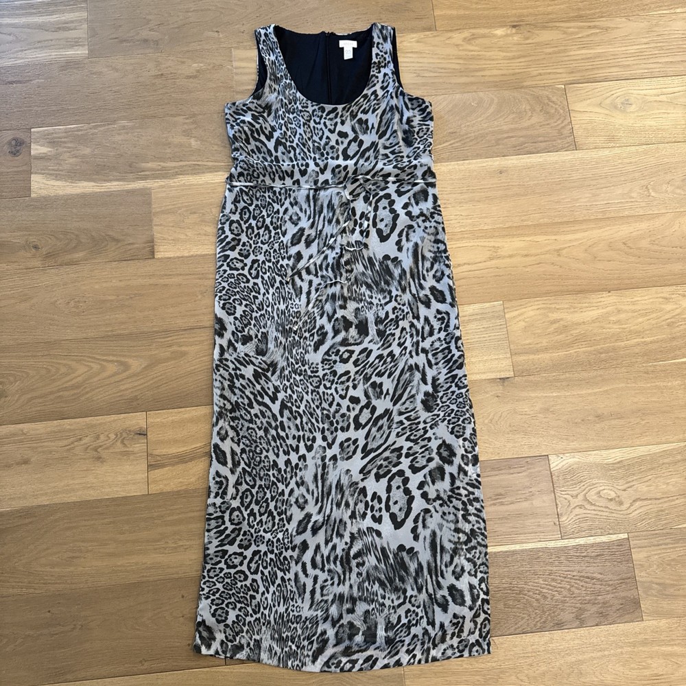 Chico’s Leopard Print Sleeveless Maxi Dress Black Gray Tie Waist Animal Sz S 4/6