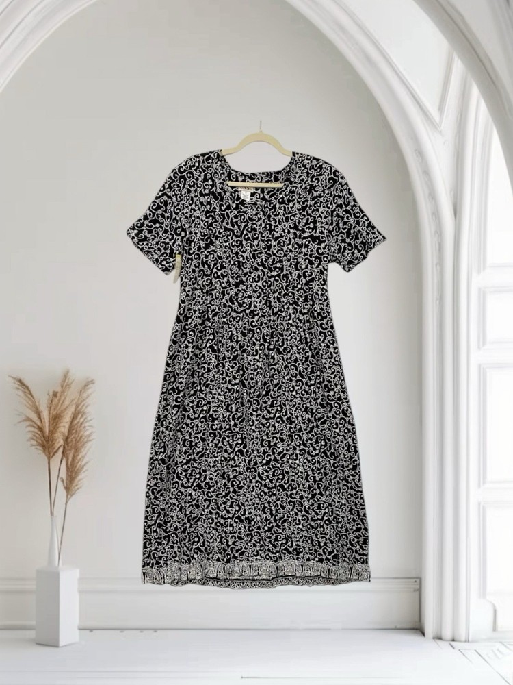 JBS LTD Black Floral Midi Dress Women’s Size 14 Pleated Tie Back Dark Romantic