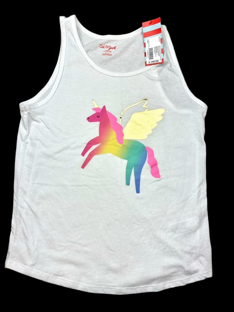 Cat & Jack Girls Size L 10/12 Sleeveless Tank Top Shiny Colorful Unicorn White