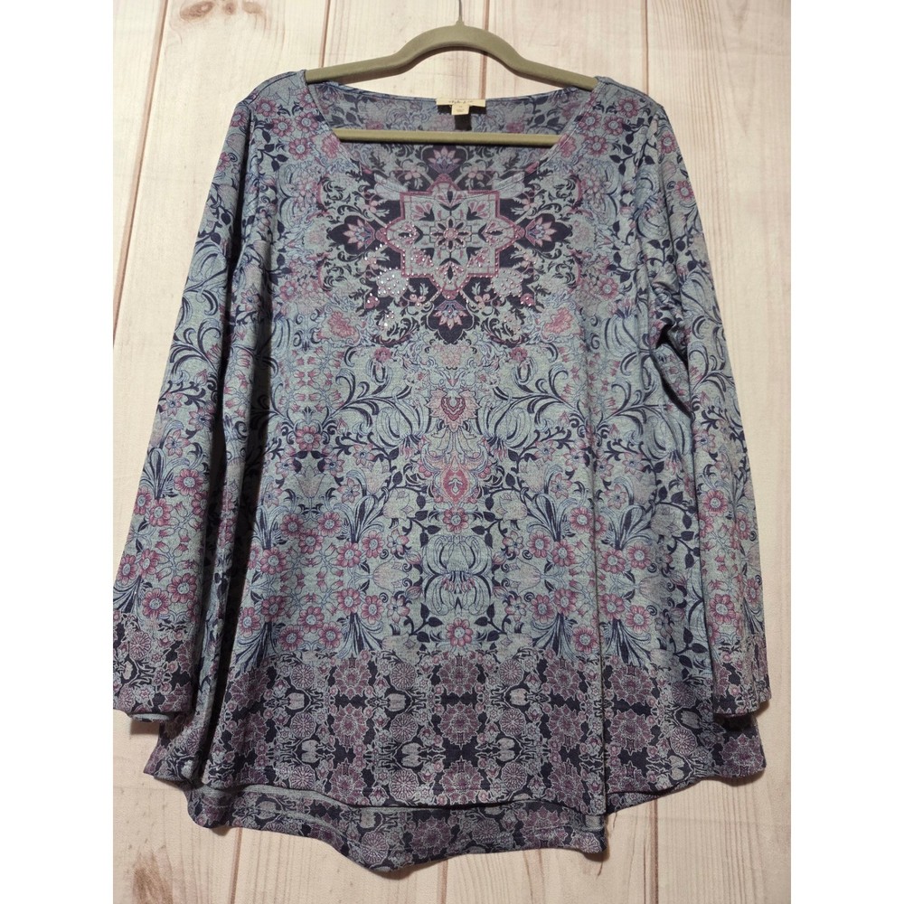 Style & Co Womens 1X Purple Paisley Floral Rhinestone Knit Long Sleeve Top
