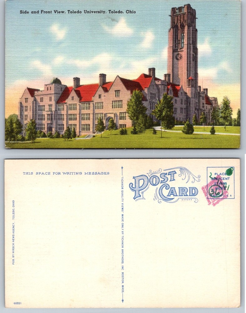 Toledo University Ohio Vintage Postcard Tichnor Linen Clock Tower Campus View