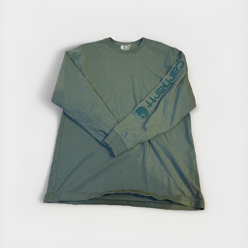 Carhartt Long Sleeve Logo Sleeve T-Shirt Green Workwear Tee size M