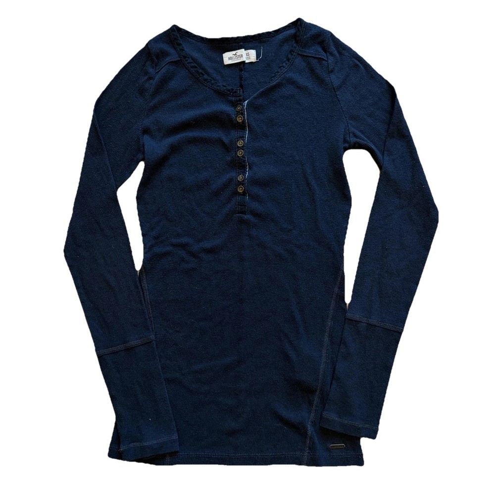 Hollister Shirt Womens XS Black Thermal Henley Long Sleeve Ribbed Top