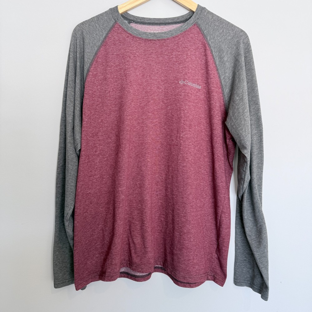 Columbia Raglan Long Sleeve T Shirt Mens Large Red Gray Omni Wick