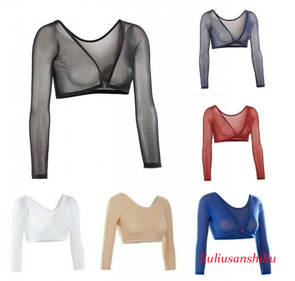 Women's Mesh See Through Crop Tops Sheer Seamless Arm Shaper Shirt Blouse Shrugs