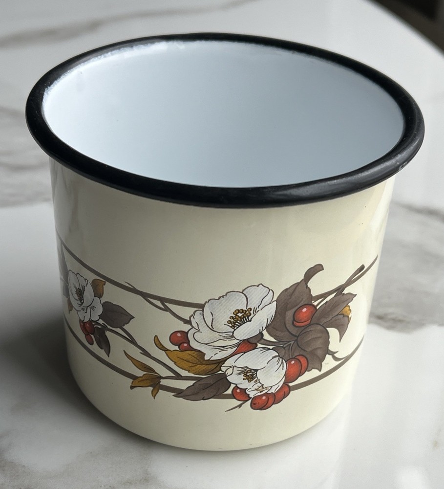 Vintage Floral Painted Enamel Coffee Cup Mug Enamelware Metal Madeira Portugal