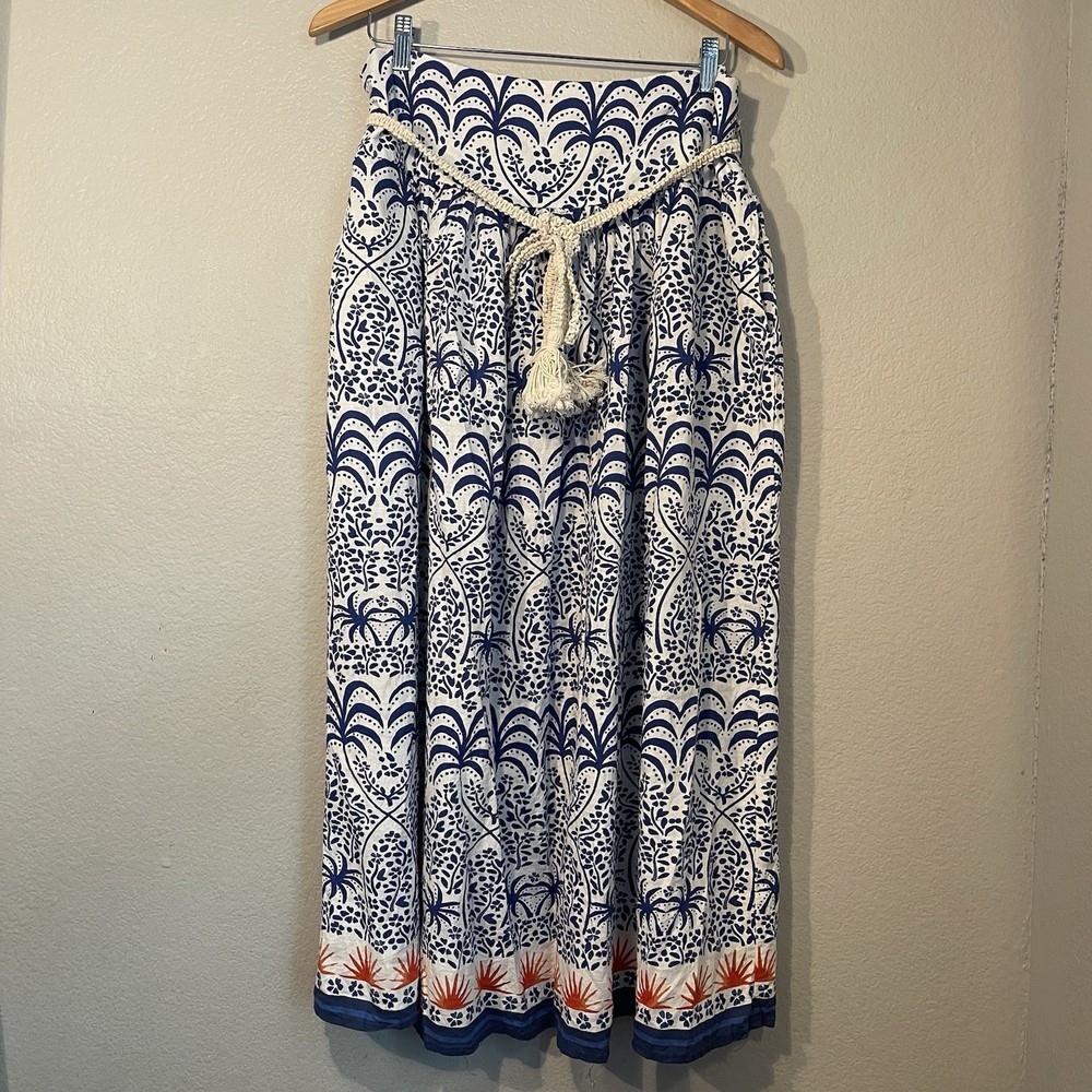 Rachel Zoe Womens Large Tropical Palm Tree Maxi Skirt Linen Blend Boho Summer