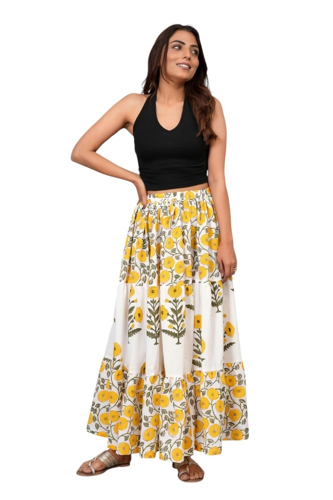 Women Yellow Floral Block Printed Cotton Maxi Flowy  Skirt with Elastic Waist