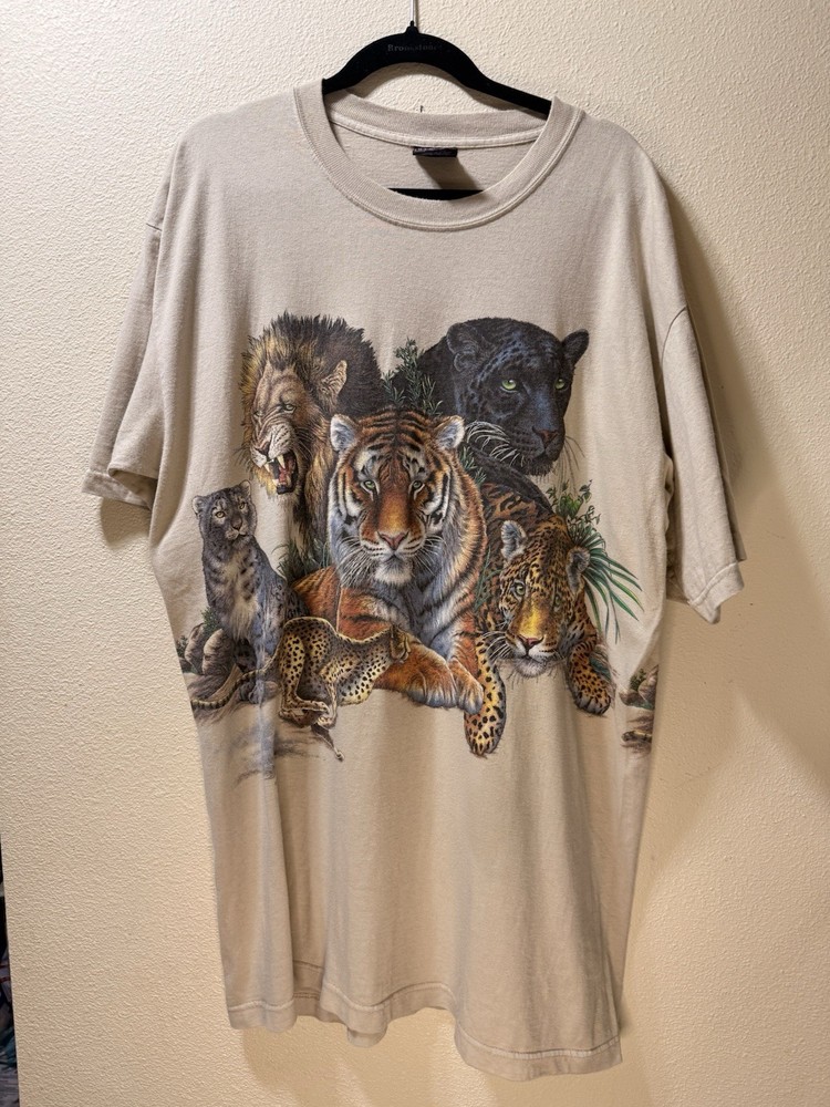 Vintage Habitat Wilderness 1994 Jungle Cats Lion T-Shirt Tan Mens XL All Over
