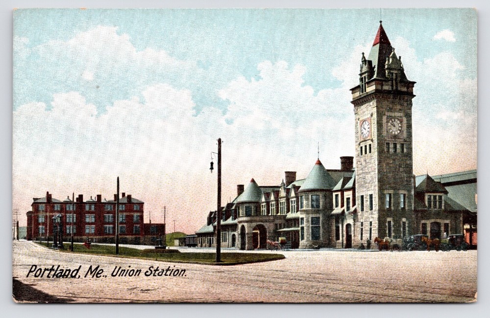 c1901 Union Train Station Boston & Maine Railroad RR Portland Maine ME Postcard