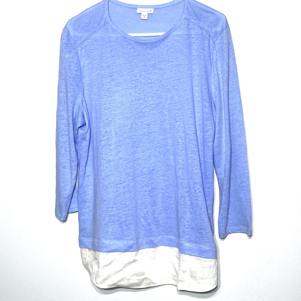 J.Jill Love Linen Tunic Top Women's M Blue White 3/4 Sleeve Button Accent Soft