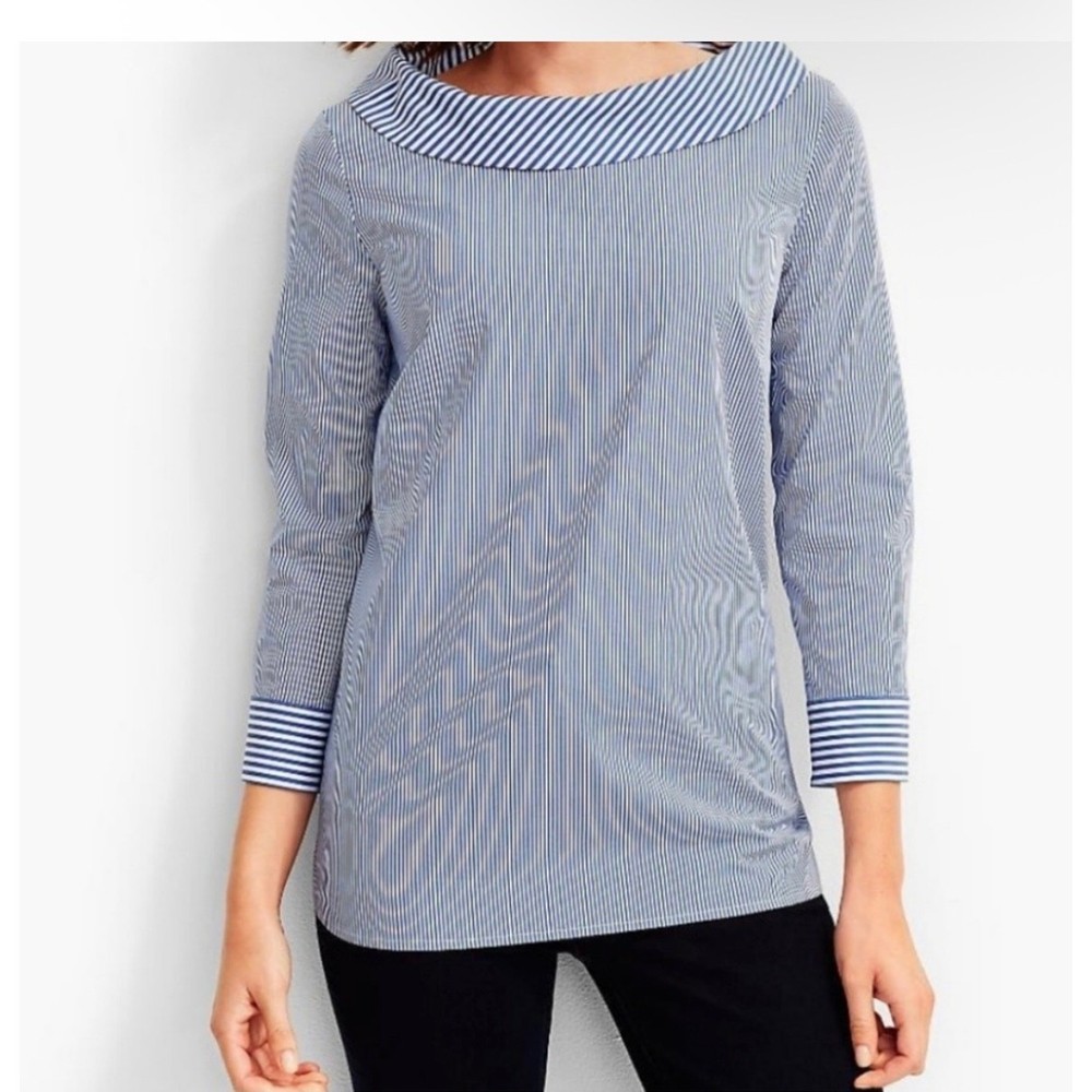 Talbots Boat Neck Blue Stripe 3/4 Sleeve Nautical Preppy Top Womens Small